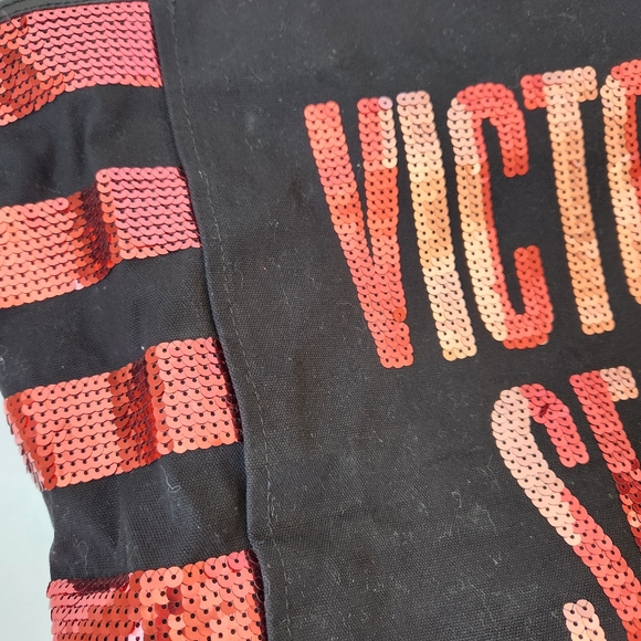 Victoria's Secret Logo Sequin Tote Bag Black Canvas Red Pink Large - Picture 7 of 14